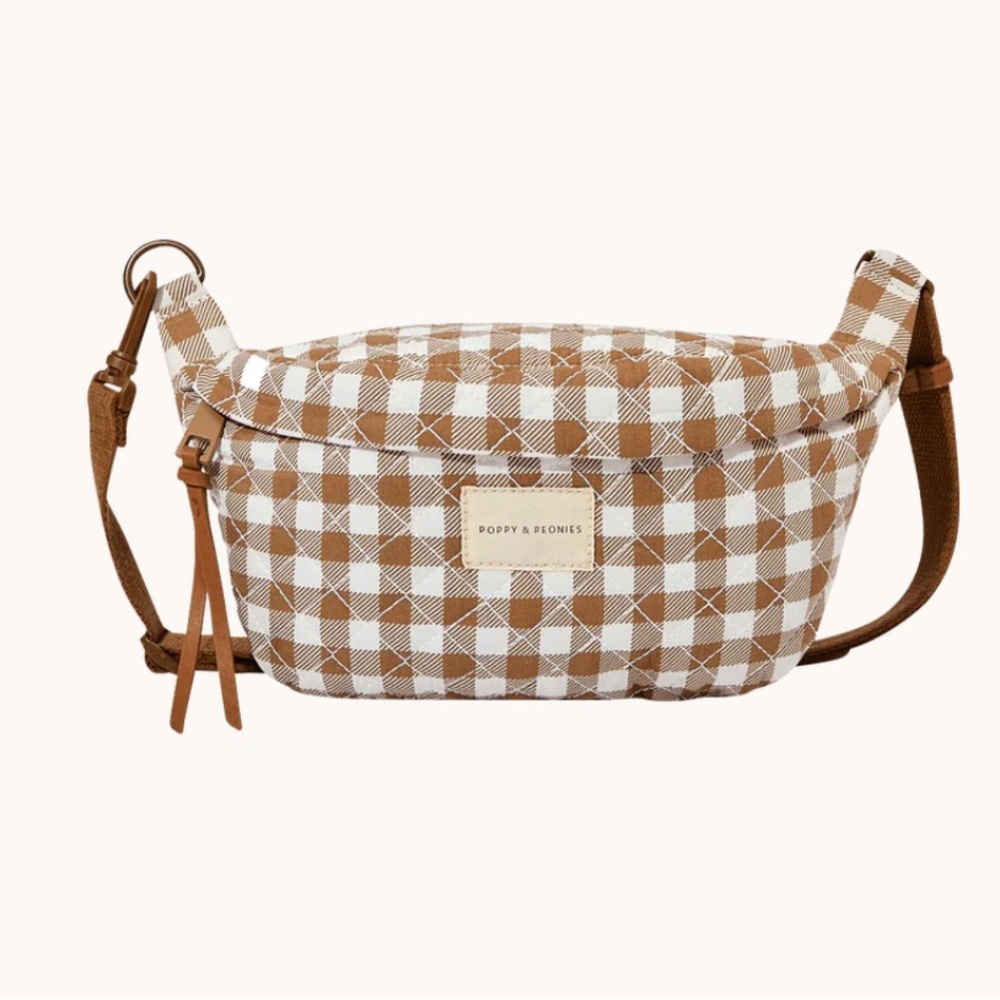 Poppy & Peonies Tan Checkered Crossbody Bag